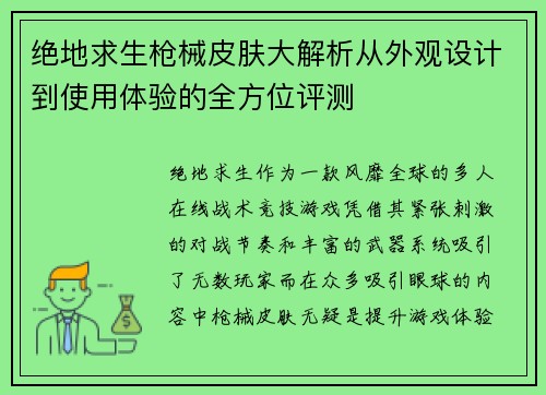 绝地求生枪械皮肤大解析从外观设计到使用体验的全方位评测